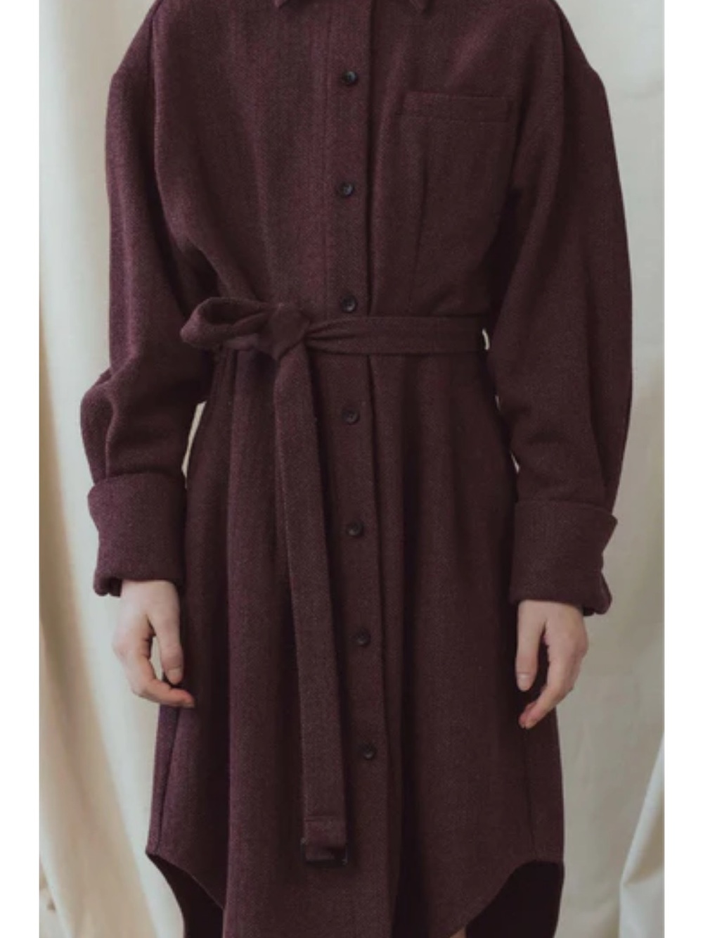 Girls High-Low Shirt Dress with Self-Tie Belt in Deep Burgundy